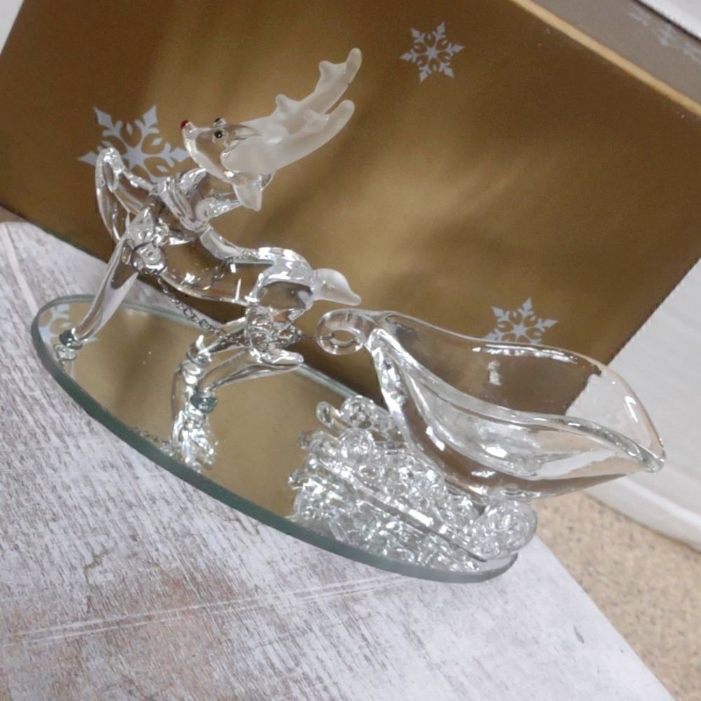 Rudolph And Sleigh Glass Figure
